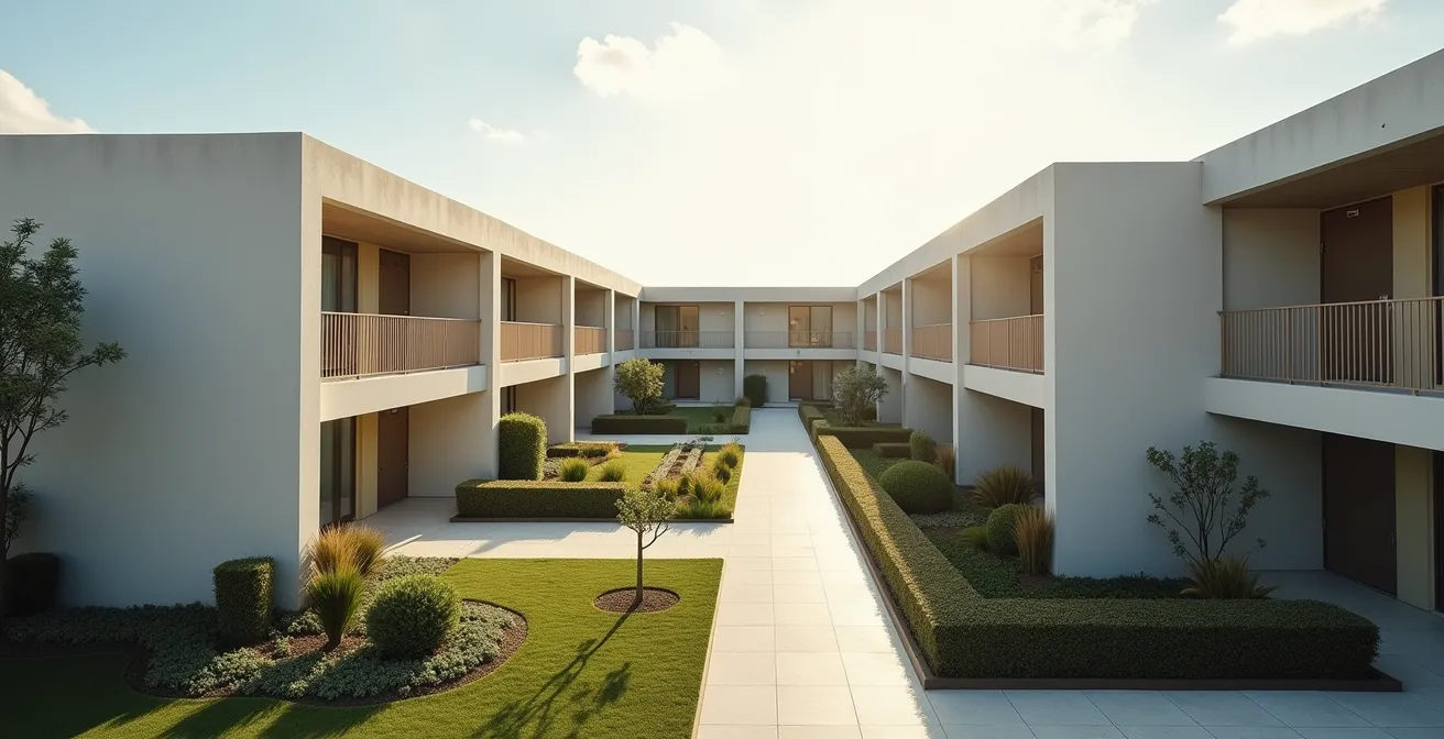 Vue aérienne minimaliste d'une résidence de services moderne avec espaces verts