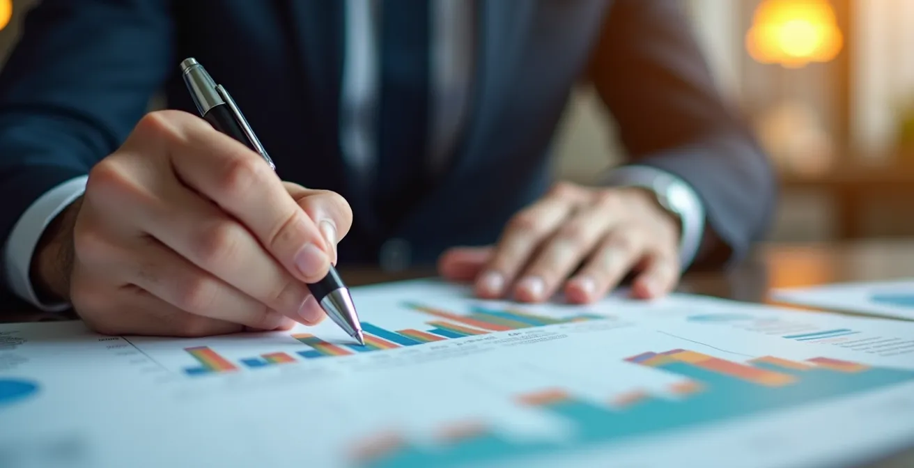 Mains d'expert-comptable travaillant sur des documents dans un bureau moderne