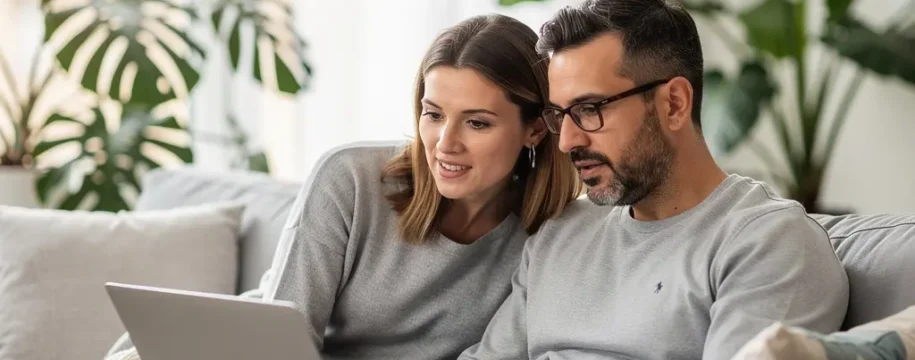Couple consultant un écran d'ordinateur pour leur projet de prêt immobilier