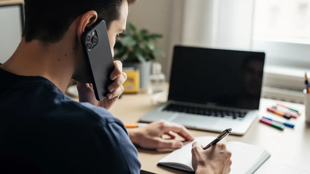 Personne prenant des notes lors d'un appel avec son courtier immobilier