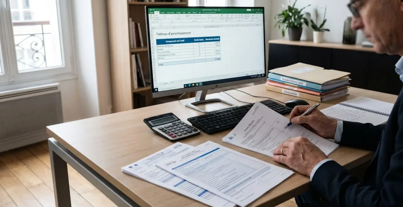 Bureau d'expert-comptable avec écran affichant un plan d'amortissement LMNP et formulaires fiscaux 2031, illustrant le travail de déclaration en régime réel
