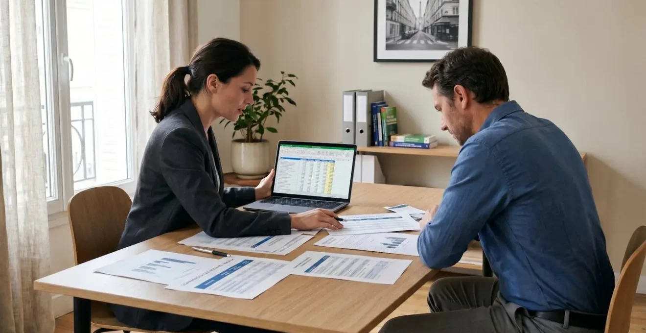 Scène de consultation en gestion de patrimoine avec documents comparant les régimes fiscaux micro-BIC et réel pour un investissement LMNP, illustrant l'accompagnement professionnel