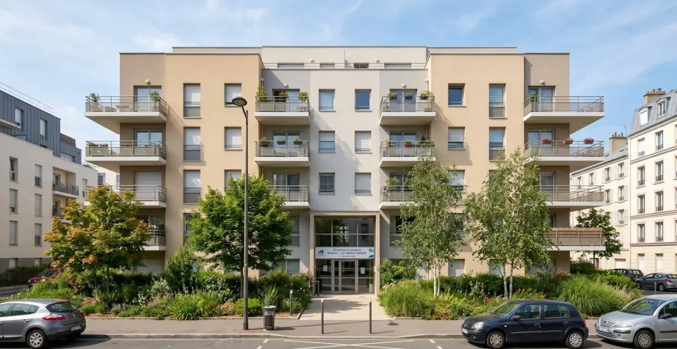 Façade d'une résidence services moderne en France avec balcons et espaces verts, représentant un investissement LMNP typique en résidence étudiante ou seniors