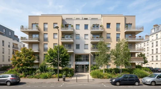 Façade d'une résidence services moderne en France avec balcons et espaces verts, représentant un investissement LMNP typique en résidence étudiante ou seniors