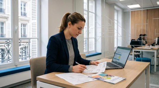 Femme consultant des documents administratifs et un ordinateur portable dans une agence bancaire française moderne, préparant un dossier de prêt à taux zéro